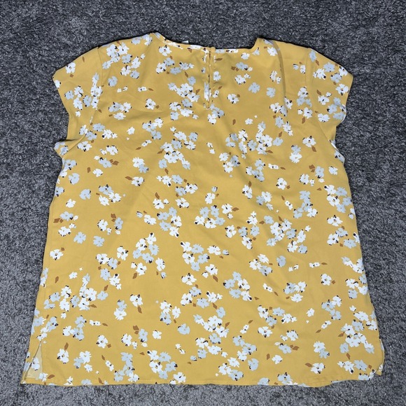 Monday Fun Women Yellow Short Sleeve Blouse L Floral Pleated Top - Picture 7 of 9